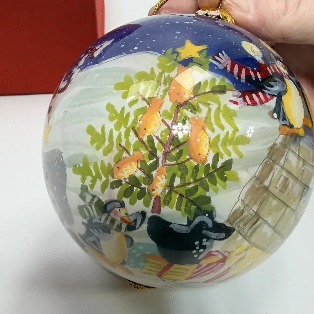 Pier 1 Li Bien Penguins Merry Bright Glass Christmas Ornament 4